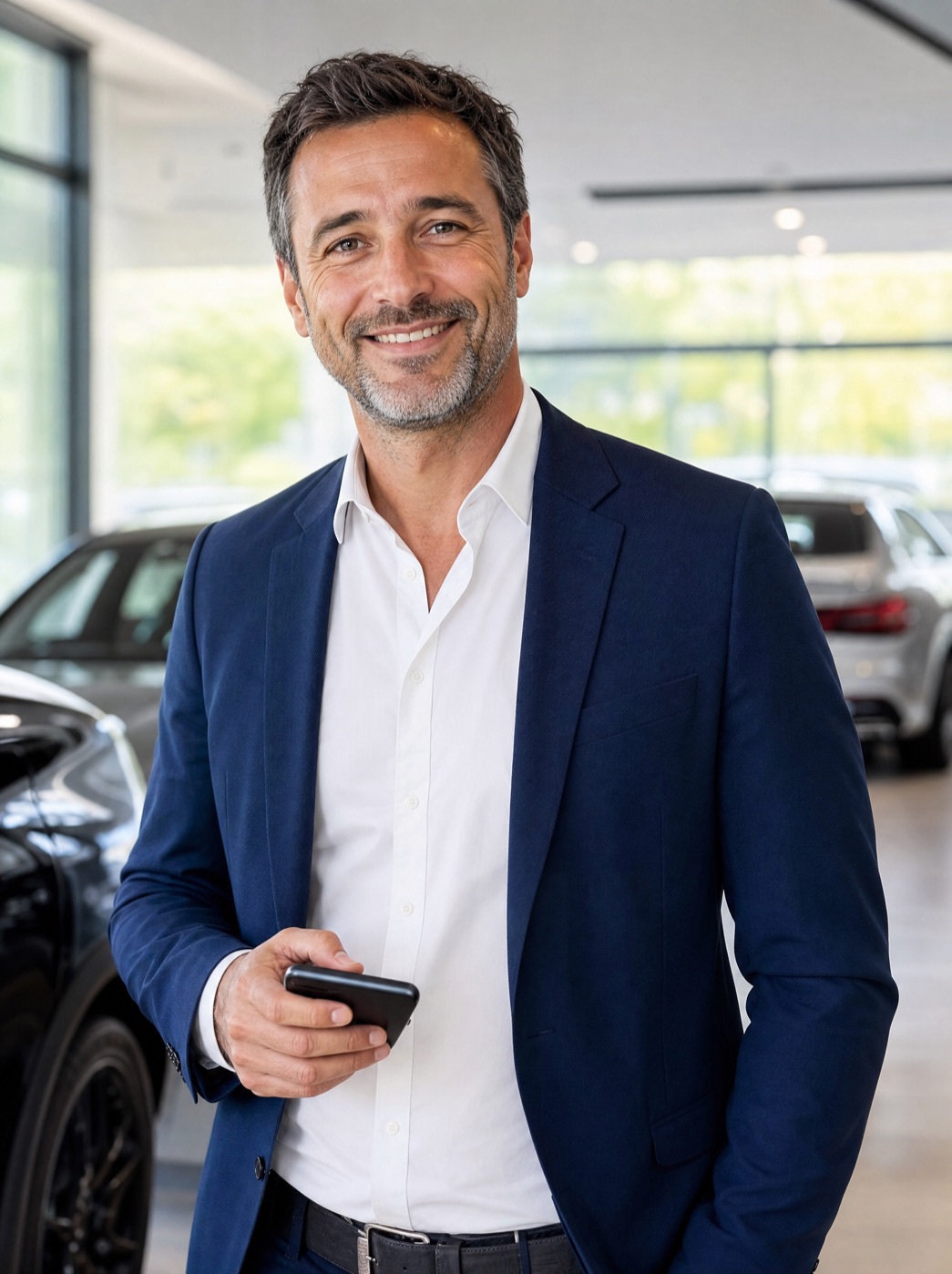 Vendeur automobile indépendant souriant dans un showroom